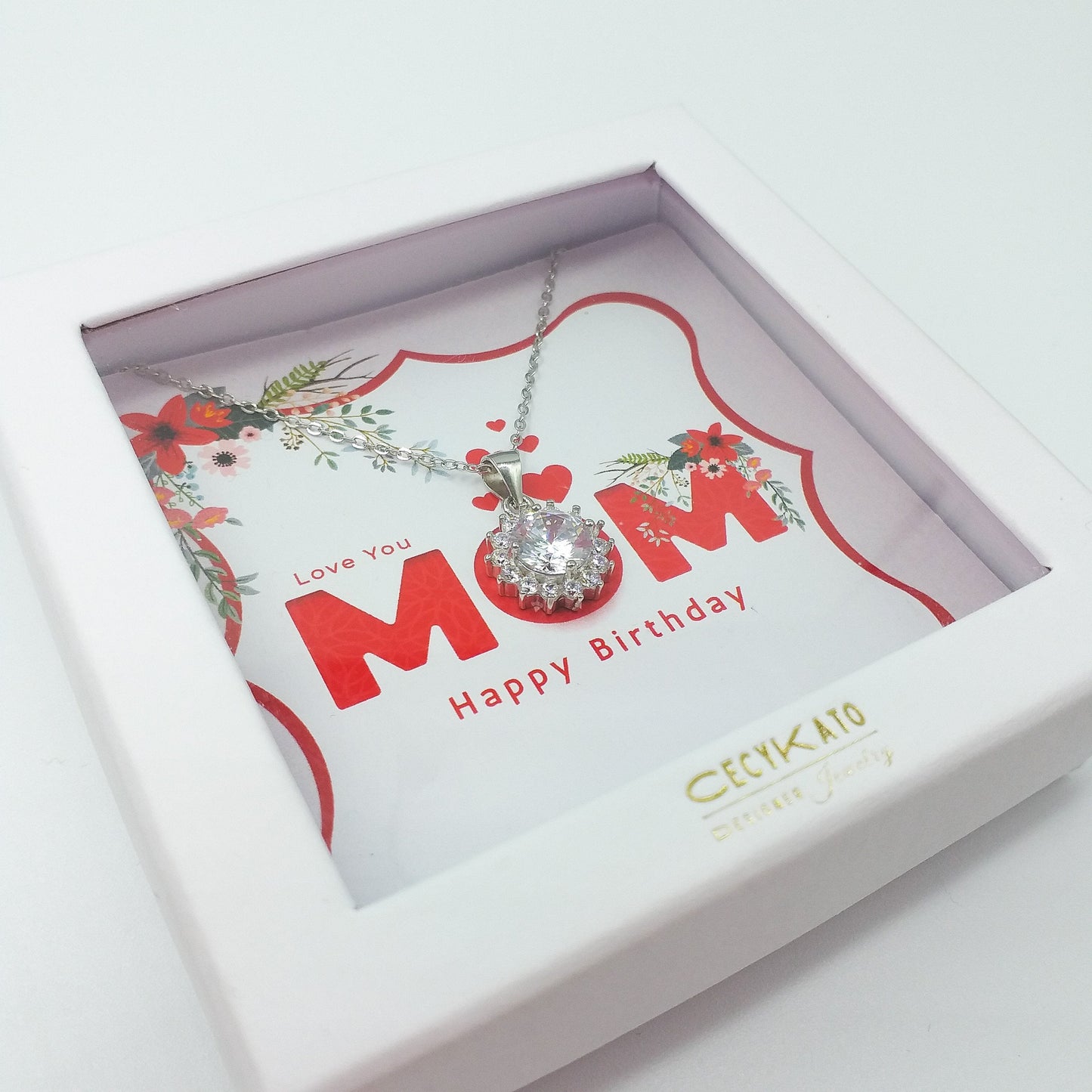 Birthday / Mom - 925 Sterling Silver Cubic Zirconia Necklace TE283HBM
