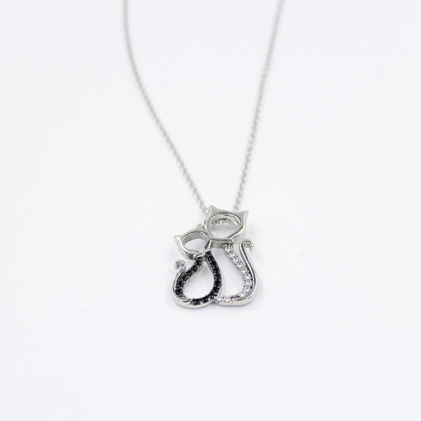 I Love You - Rhodium Plated Sterling Silver Pair of Cats Necklace with Black and White Cubic Zirconia LL444LY