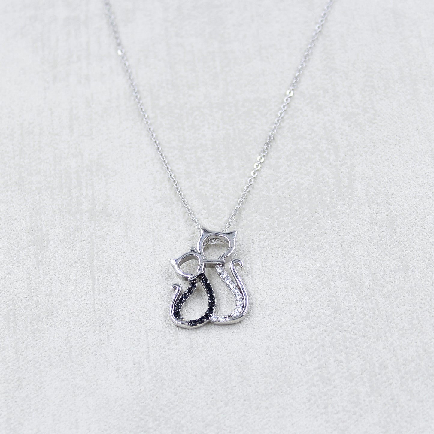 I Love You - Rhodium Plated Sterling Silver Pair of Cats Necklace with Black and White Cubic Zirconia LL444LY