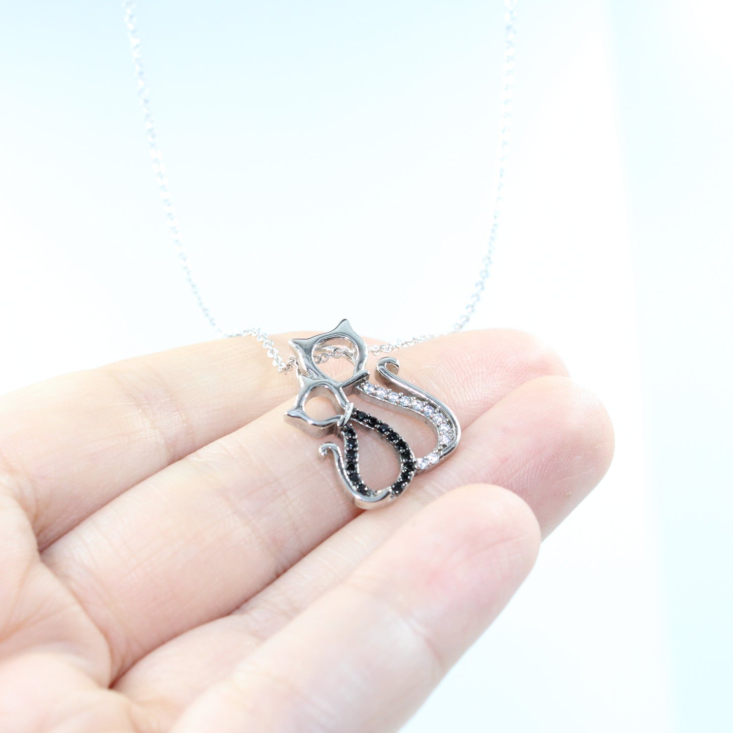 I Love You - Rhodium Plated Sterling Silver Pair of Cats Necklace with Black and White Cubic Zirconia LL444LY