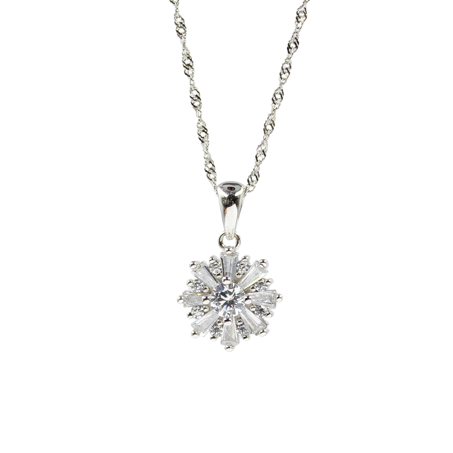 Key / Flower - 925 Sterling Silver Cubic Zirconia Flower Minimalist Necklace TE87