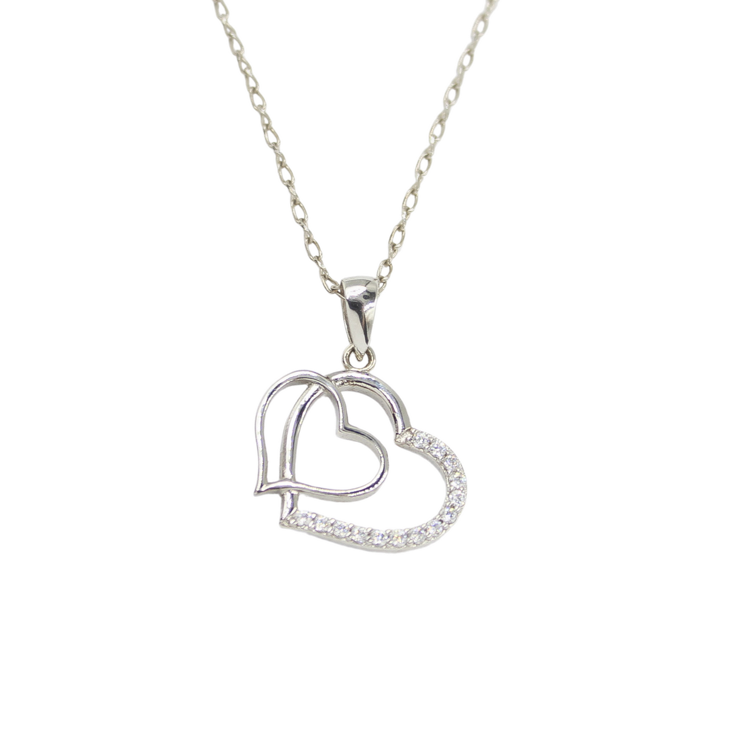 925 Sterling Silver- Cubic Zirconia - Double Heart Necklace LL1