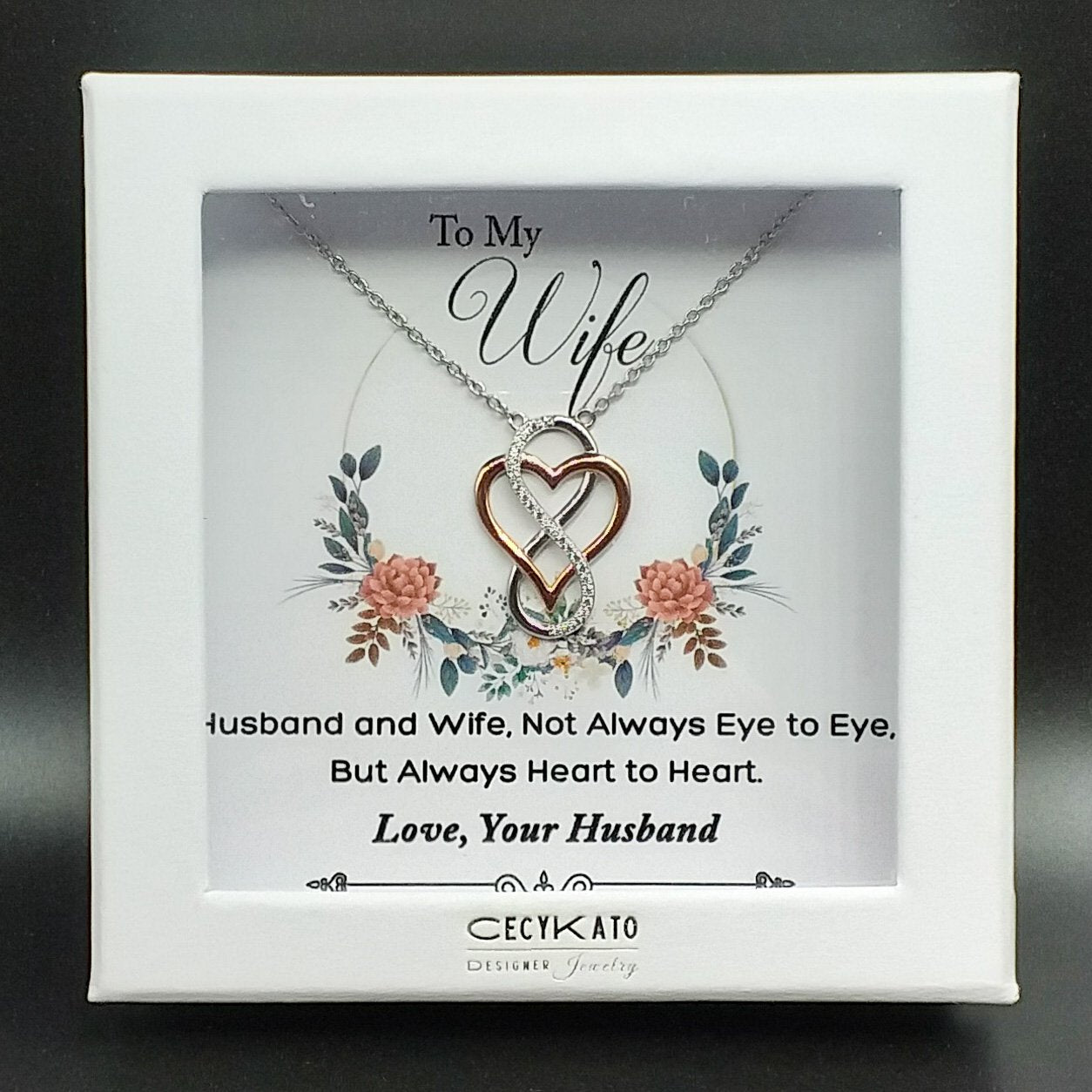 Wife / Inspirational - Rhodium Plated Sterling Silver Necklace, Rose-Gold Heart and Infinity Symbol LL511W