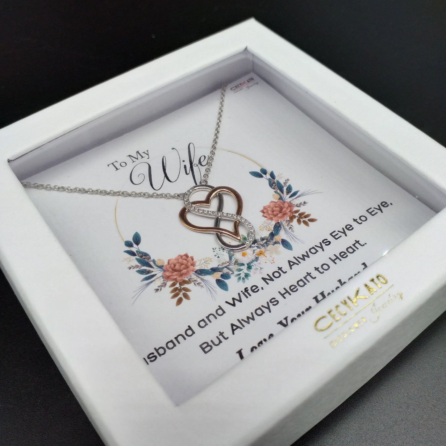 Wife / Inspirational - Rhodium Plated Sterling Silver Necklace, Rose-Gold Heart and Infinity Symbol LL511W