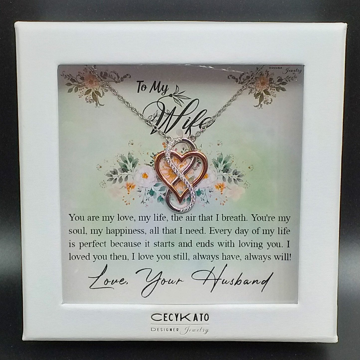 Love / Wife - Rhodium Plated Sterling Silver Necklace, Rose-Gold Heart and Infinity Symbol LL521W