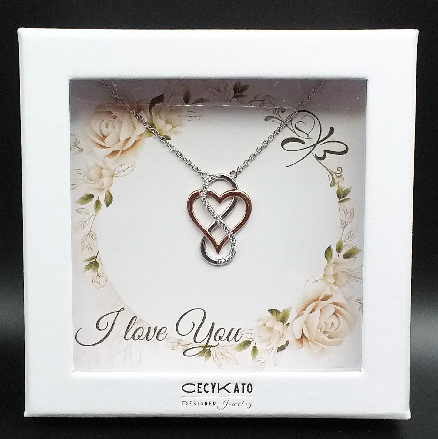 I Love You Rose Circle- Rhodium Plated Sterling Silver Necklace, Rose-Gold Heart and Infinity Symbol LL516LY