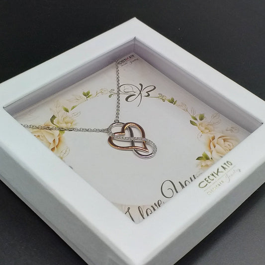 I Love You Rose Circle- Rhodium Plated Sterling Silver Necklace, Rose-Gold Heart and Infinity Symbol LL516LY