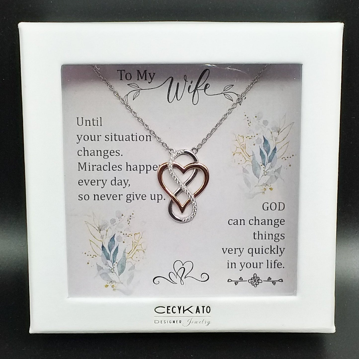 Wife/ Inspirational - Rhodium Plated Sterling Silver Necklace, Rose-Gold Heart and Infinity Symbol LL520W