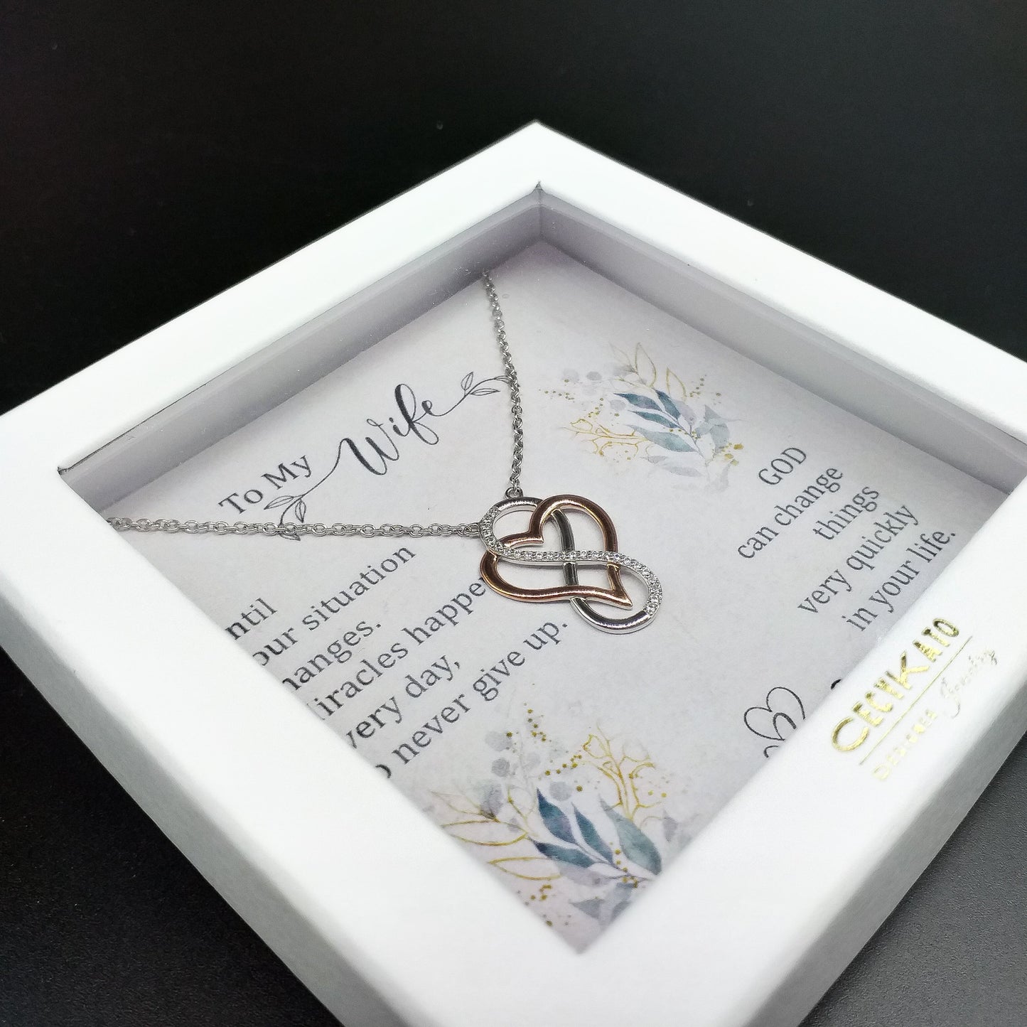 Wife/ Inspirational - Rhodium Plated Sterling Silver Necklace, Rose-Gold Heart and Infinity Symbol LL520W