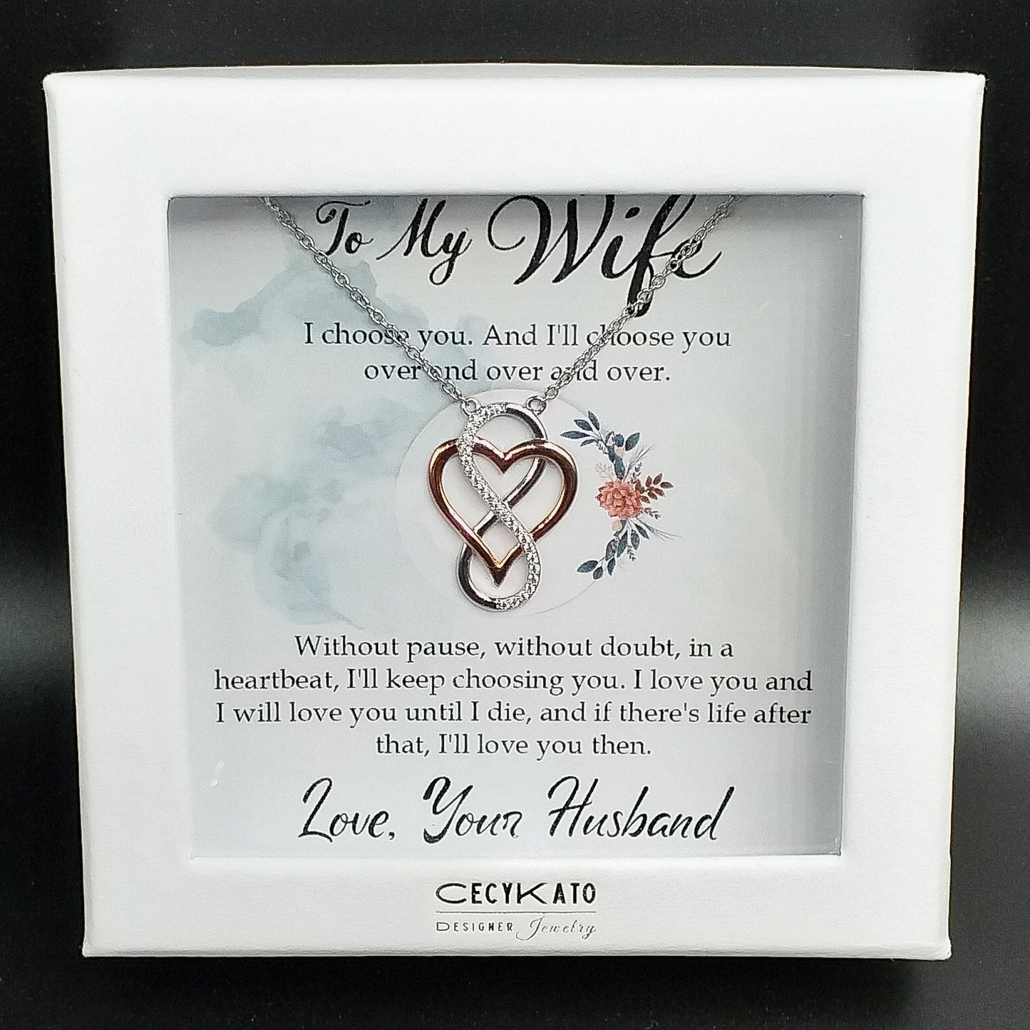 Love / Wife - Rhodium Plated Sterling Silver Necklace, Rose-Gold Heart and Infinity Symbol LL517W