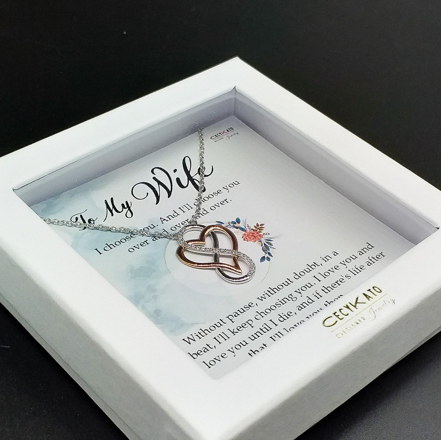 Love / Wife - Rhodium Plated Sterling Silver Necklace, Rose-Gold Heart and Infinity Symbol LL517W