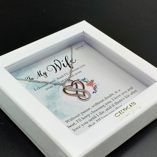 Love / Wife  - Rhodium Plated Sterling Silver Necklace, Rose-Gold Heart and Infinity Symbol LL517W