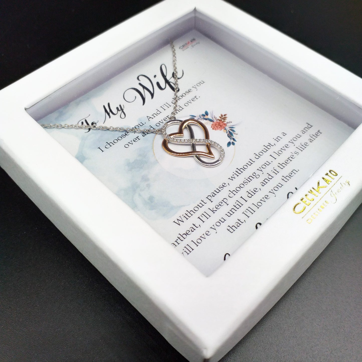 Love / Wife - Rhodium Plated Sterling Silver Necklace, Rose-Gold Heart and Infinity Symbol LL517W