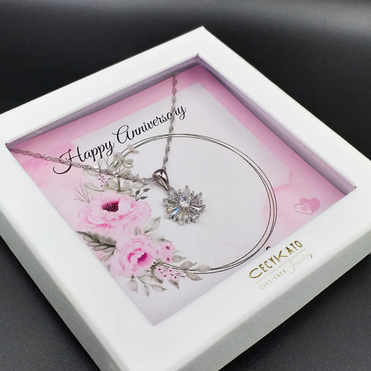 Anniversary /Flower /Pink - 925 Sterling Silver Cubic Zirconia Flower Minimalist necklace TE826A