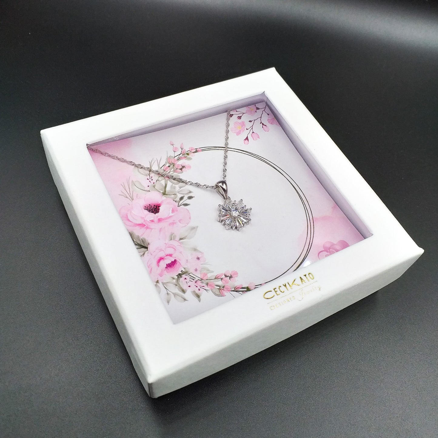 Flower / Pink - 925 Sterling Silver Cubic Zirconia Flower Minimalist Necklace TE824