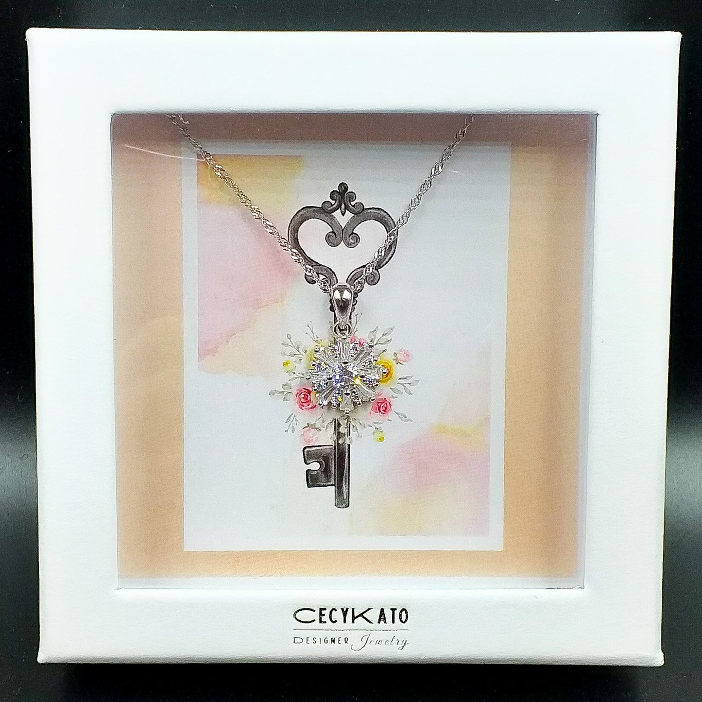 Key / Flower - 925 Sterling Silver Cubic Zirconia Flower Minimalist Necklace TE87