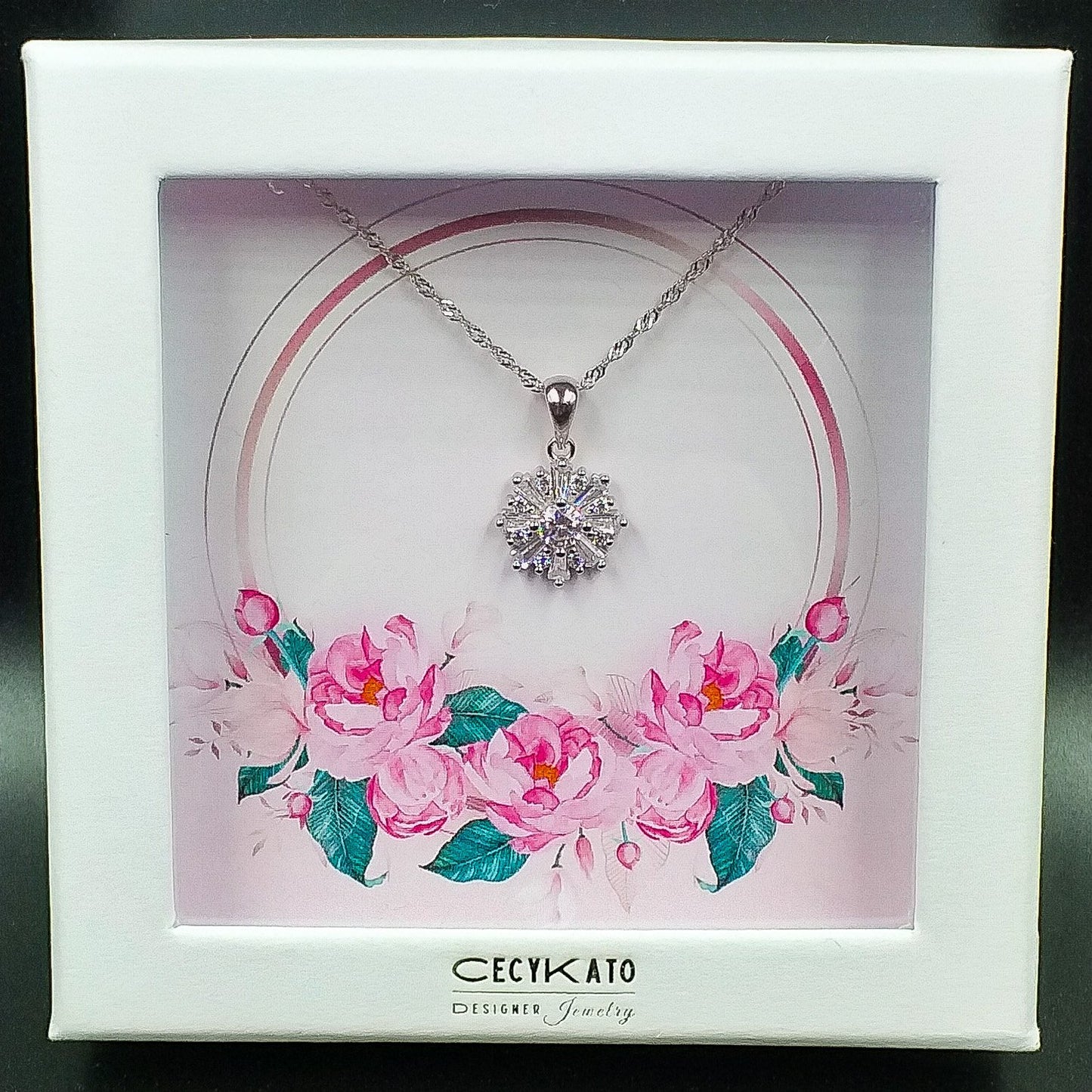 Flower / Pink 2 - 925 Sterling Silver Cubic Zirconia Flower Minimalist Necklace TE897