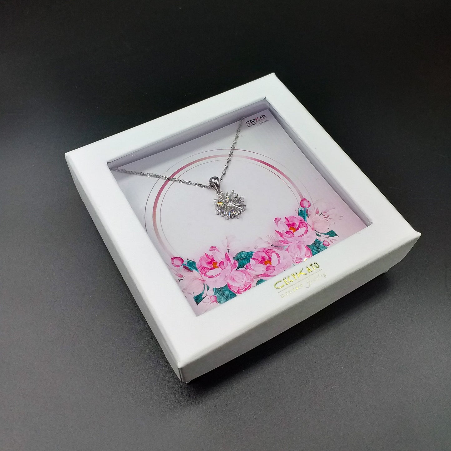 Flower / Pink 2 - 925 Sterling Silver Cubic Zirconia Flower Minimalist Necklace TE897