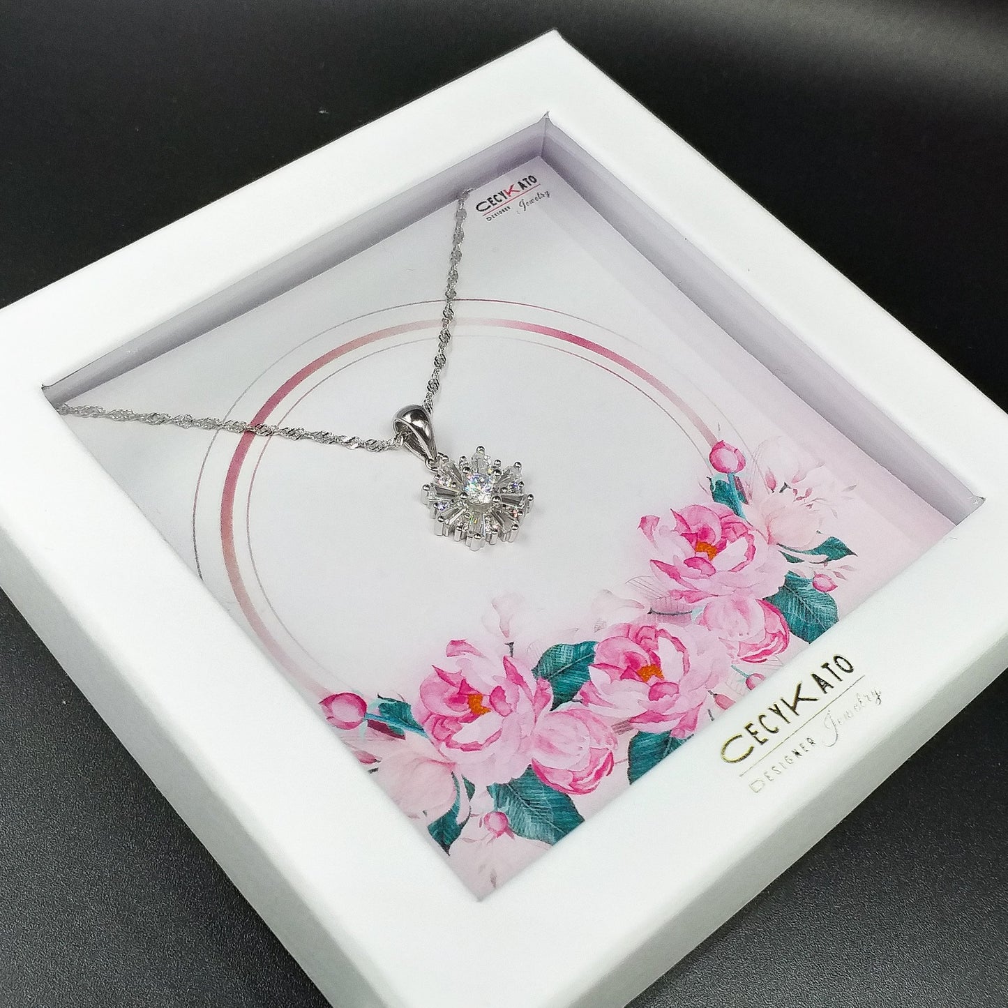 Flower / Pink 2 - 925 Sterling Silver Cubic Zirconia Flower Minimalist Necklace TE897