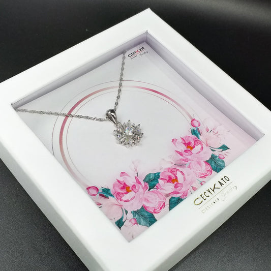 Flower / Pink 2 - 925 Sterling Silver Cubic Zirconia Flower Minimalist Necklace TE897