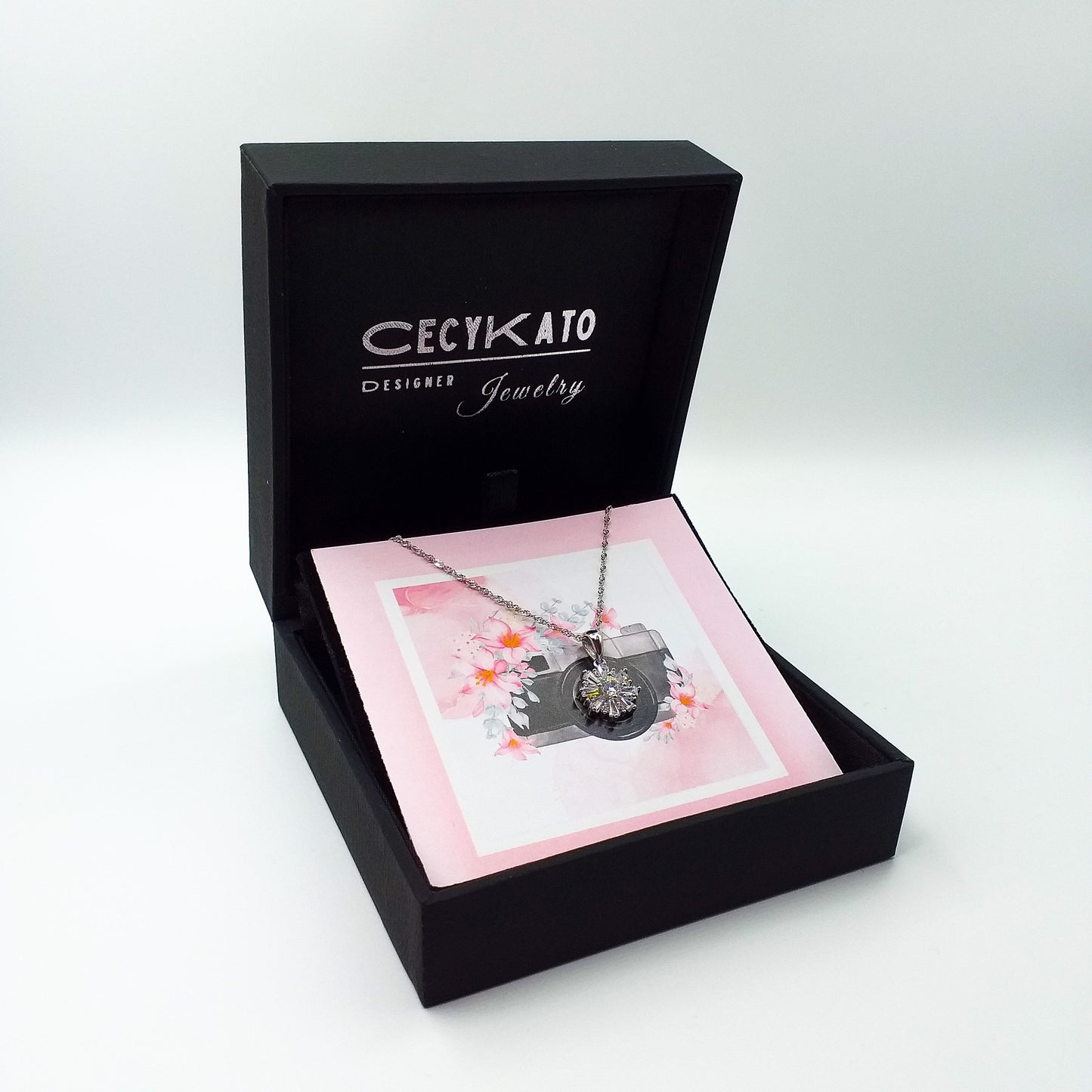 Flower / Camera - 925 Sterling Silver Cubic Zirconia Flower Minimalist Necklace TE895