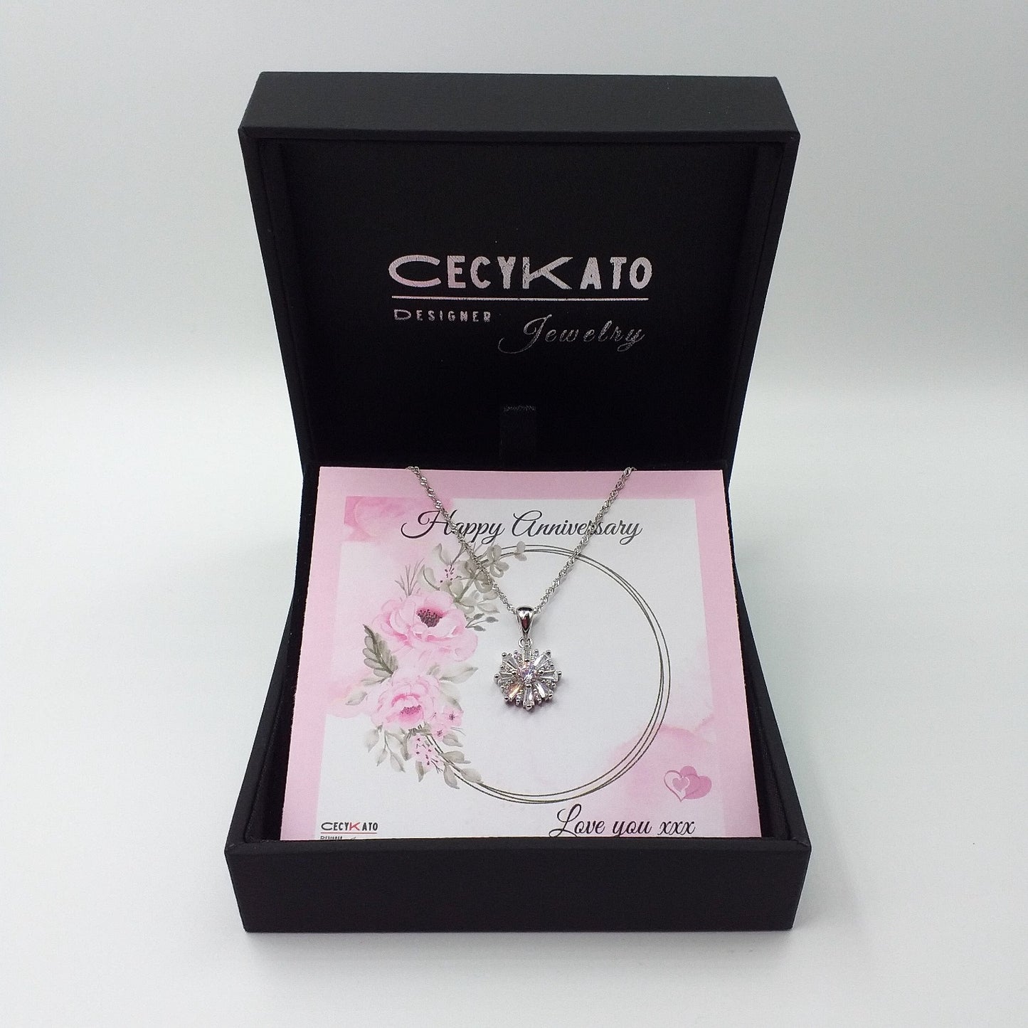 Anniversary /Flower /Pink - 925 Sterling Silver Cubic Zirconia Flower Minimalist necklace TE826A