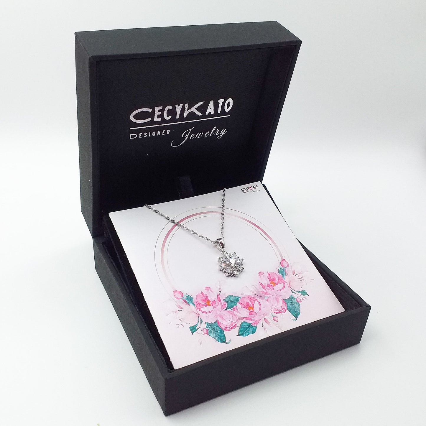 Flower / Pink 2 - 925 Sterling Silver Cubic Zirconia Flower Minimalist Necklace TE897