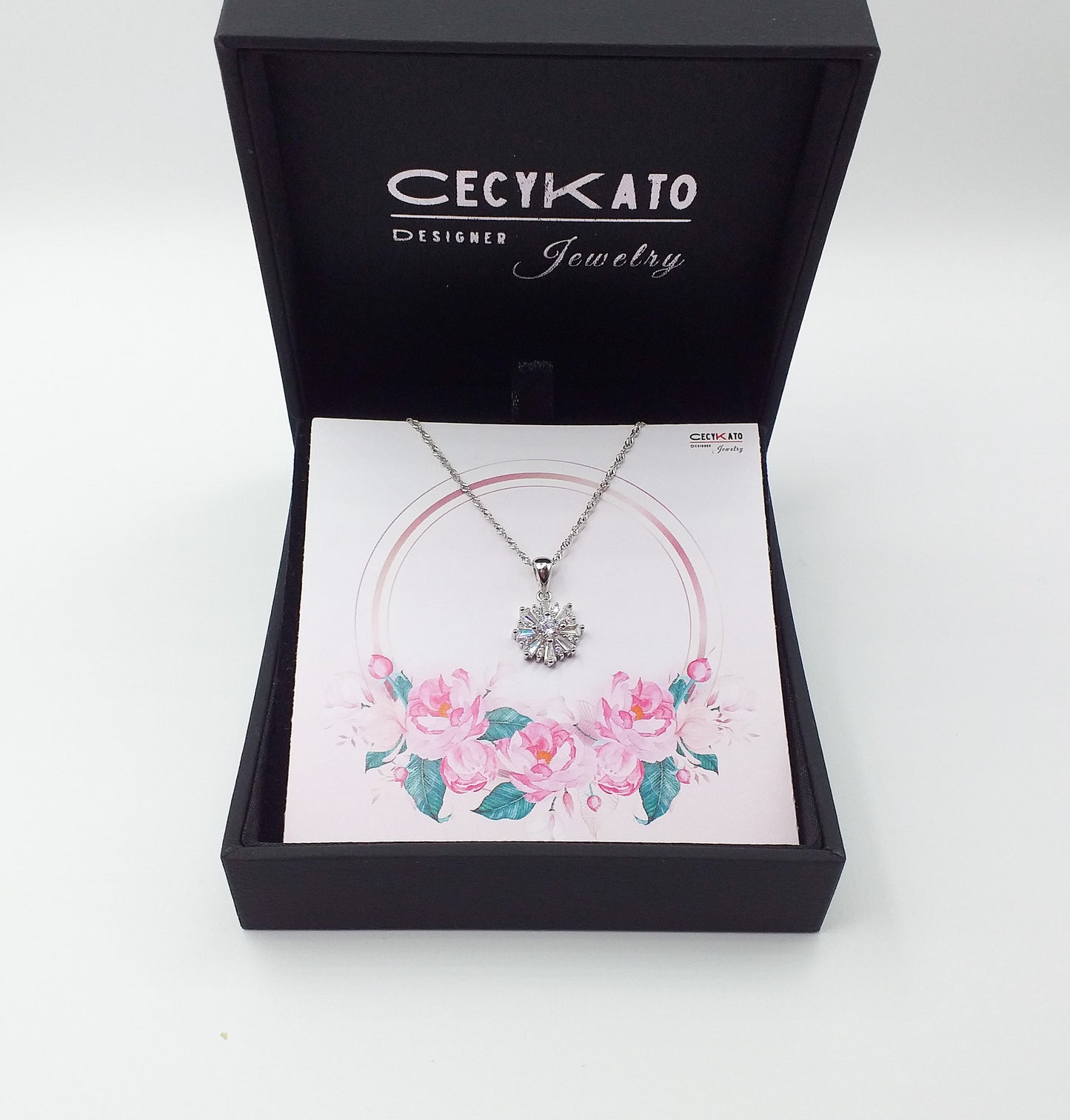 Flower / Pink 2 - 925 Sterling Silver Cubic Zirconia Flower Minimalist Necklace TE897