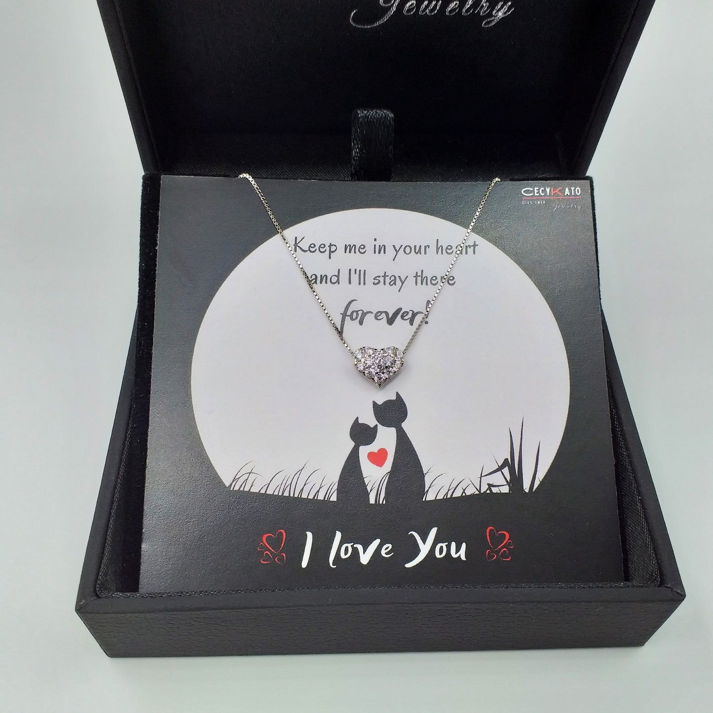 Love/ Keep Me / 925 Sterling Silver Cubic Zirconia White Heart Necklace TE144LY