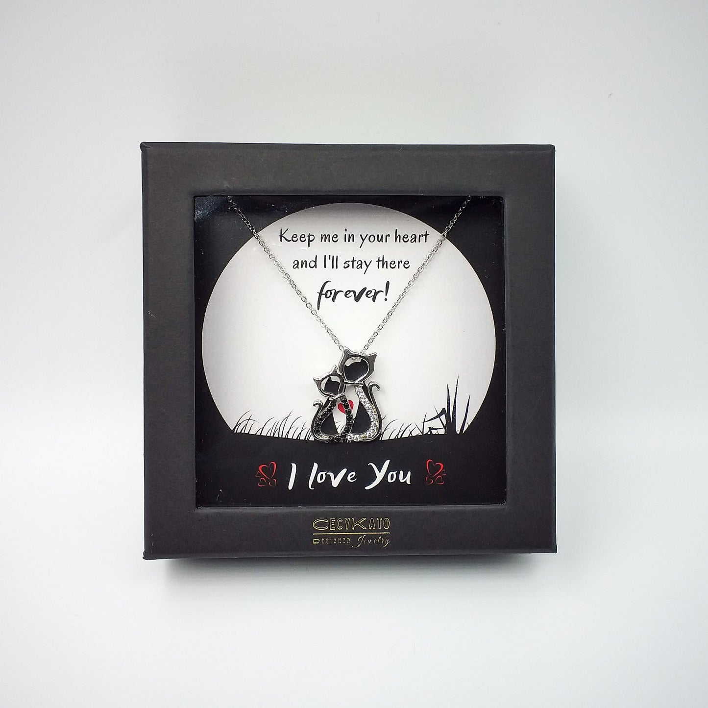 I Love You - Rhodium Plated Sterling Silver Pair of Cats Necklace with Black and White Cubic Zirconia LL444LY