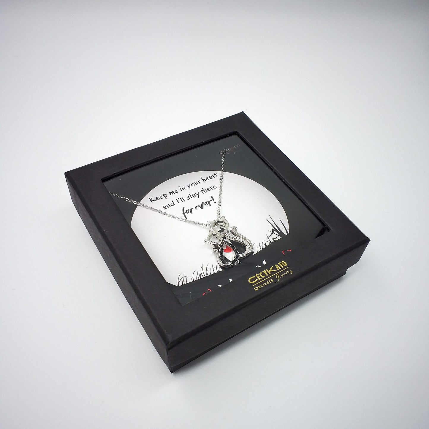 I Love You - Rhodium Plated Sterling Silver Pair of Cats Necklace with Black and White Cubic Zirconia LL444LY