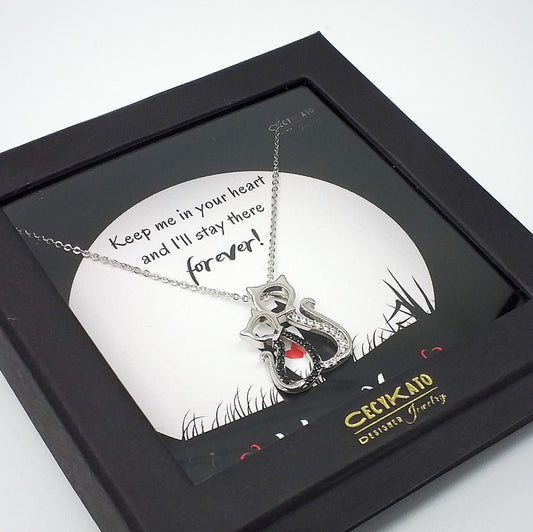 I Love You  - Rhodium Plated Sterling Silver Pair of Cats Necklace with Black and White Cubic Zirconia LL444LY