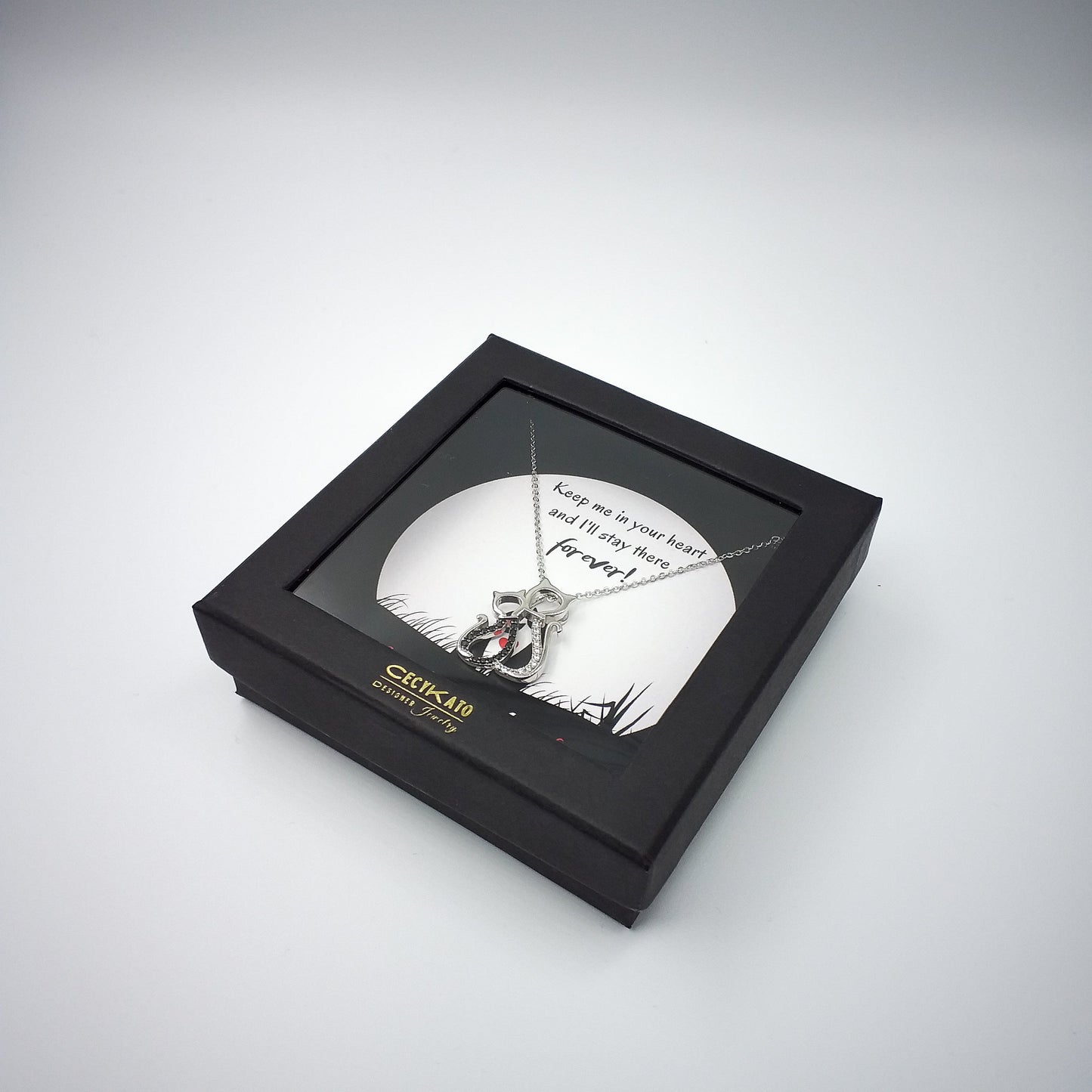 I Love You - Rhodium Plated Sterling Silver Pair of Cats Necklace with Black and White Cubic Zirconia LL444LY