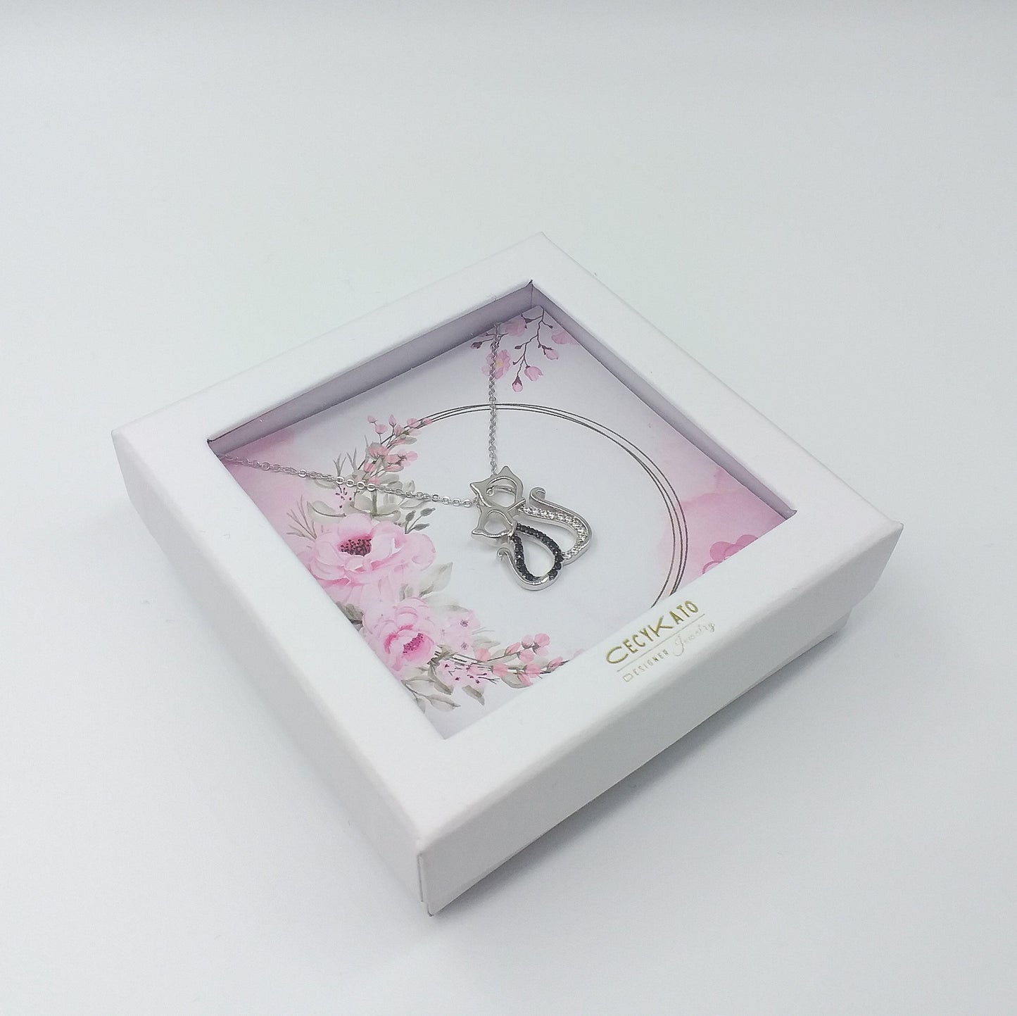 Pink Floral Ring /Double Heart Pendant with Chain in Sterling Silver, - Set with Cubic Zirconia LL424