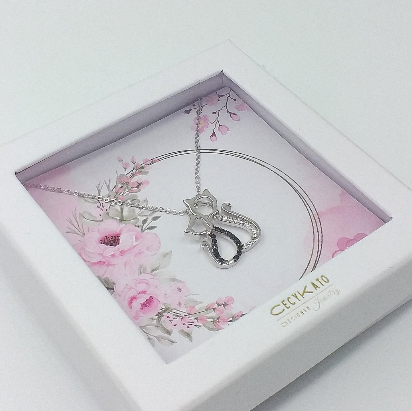 Pink Floral Ring /Double Heart Pendant with Chain in Sterling Silver, - Set with Cubic Zirconia LL424