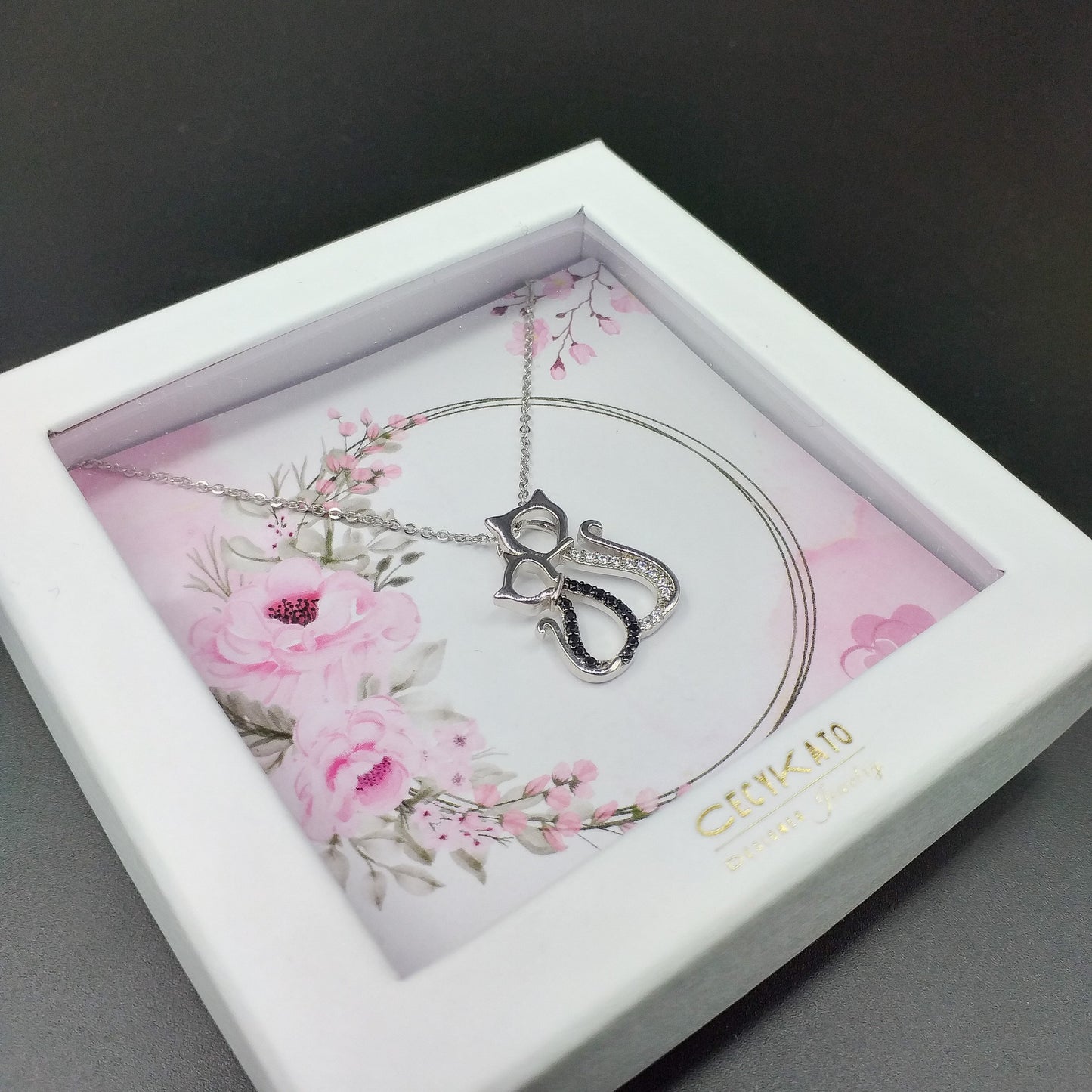 Pink Floral Ring /Double Heart Pendant with Chain in Sterling Silver, - Set with Cubic Zirconia LL424