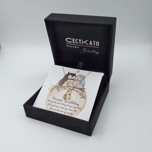 Birthday / Wife -  925 Sterling Silver/ 14k Gold Plated  With Cubic Zirconia Personality  Necklaces c/w Spoon & Fork 925 Sterling Silver + Cubic Zirconia TE9L27W1
