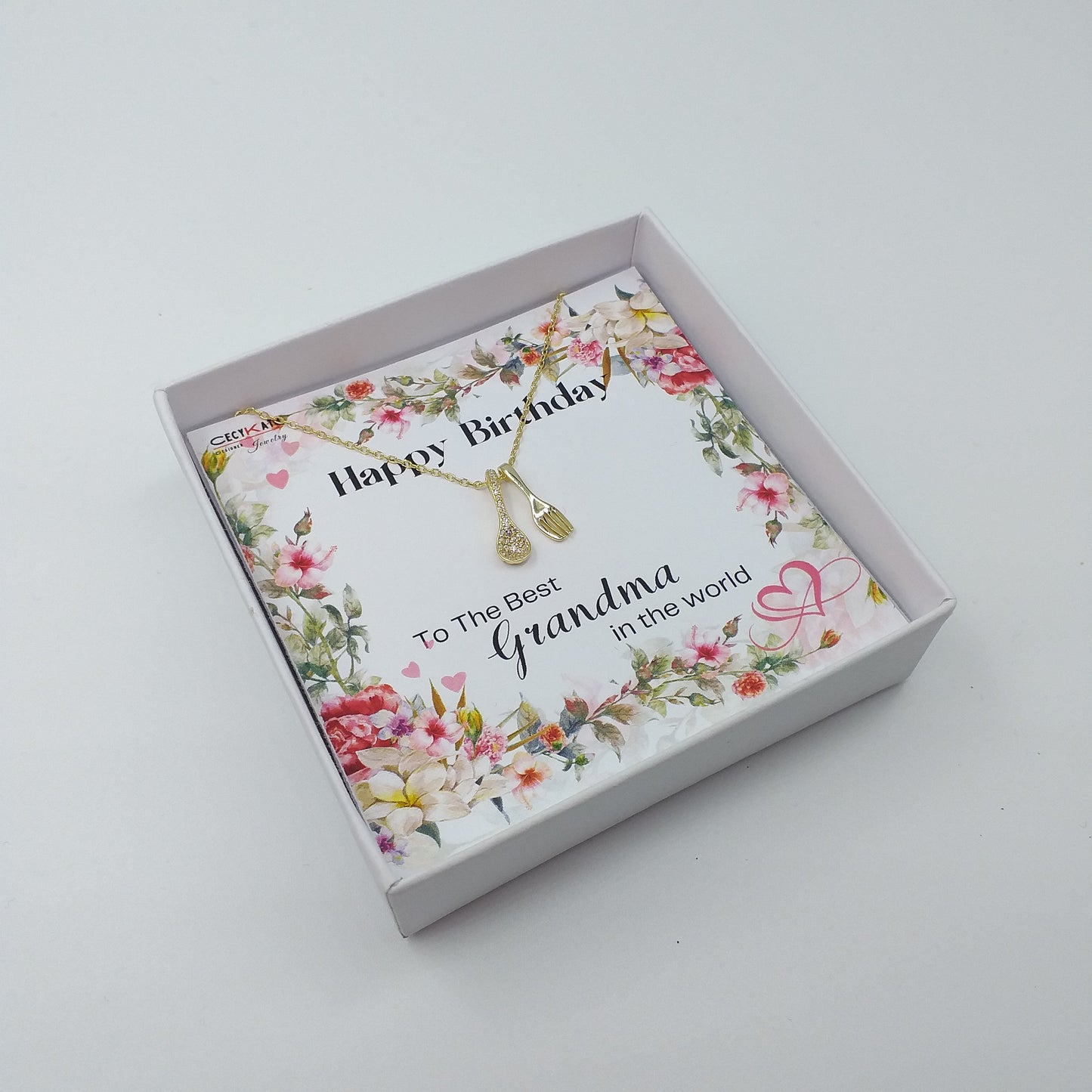 Birthday / Grandma - 925 Sterling Silver With Cubic Zirconia Spoon & Fork : TE9WW38HBGM