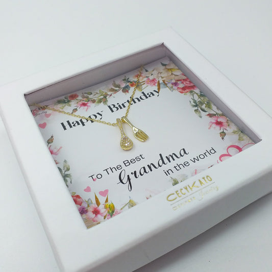 Birthday / Grandma -  925 Sterling Silver With Cubic Zirconia Spoon & Fork : TE9WW38HBGM