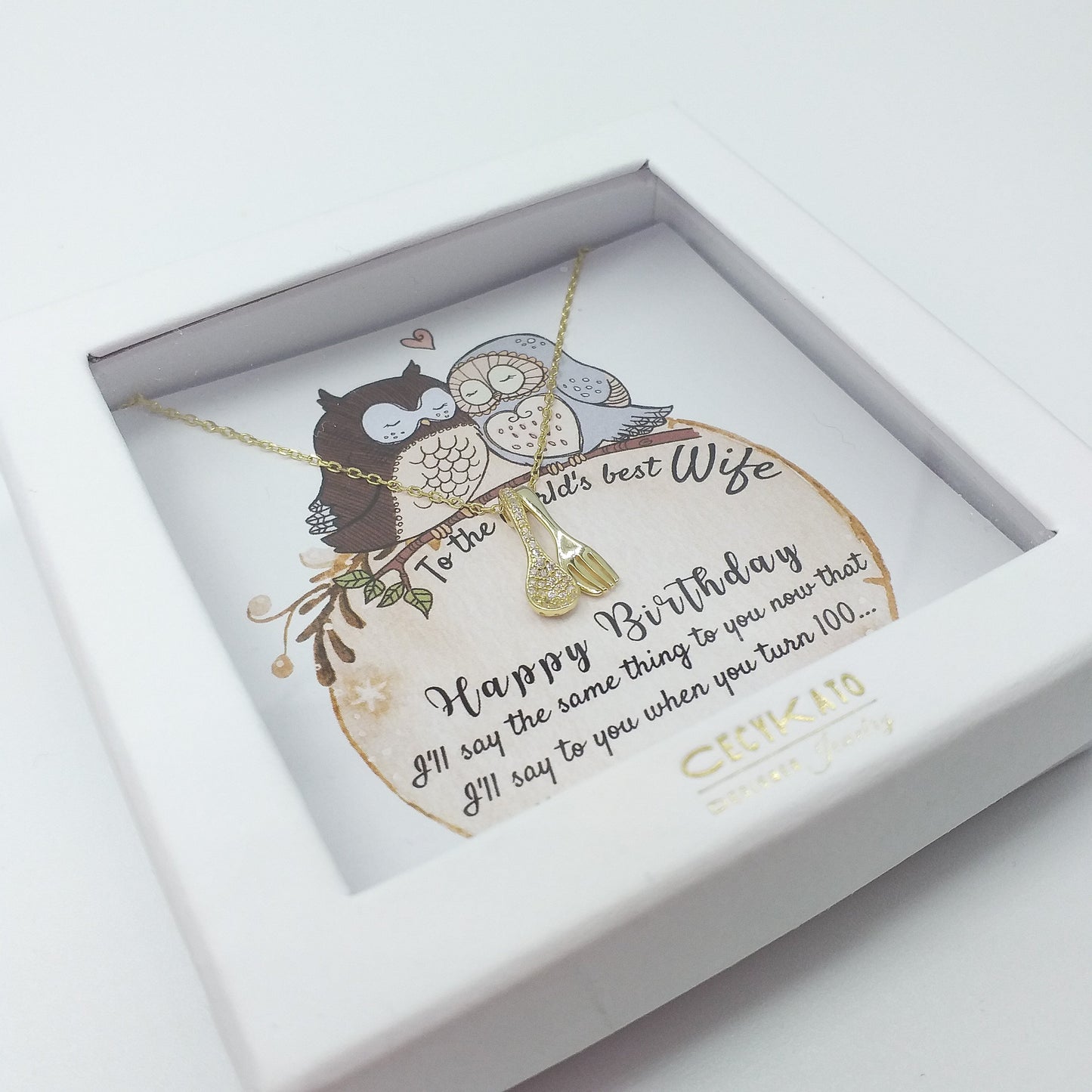 Birthday / Wife - 925 Sterling Silver / 14k Gold Plated With Cubic Zirconia Personality Necklaces c/w Spoon & Fork 925 Sterling Silver + Cubic Zirconia TE9WW27W1
