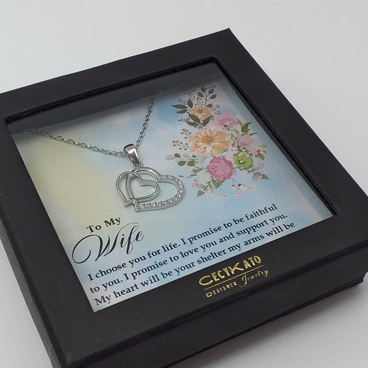 Love / Wife - Double Heart Pendant in Sterling Silver, - Set with Cubic Zirconia LL118W