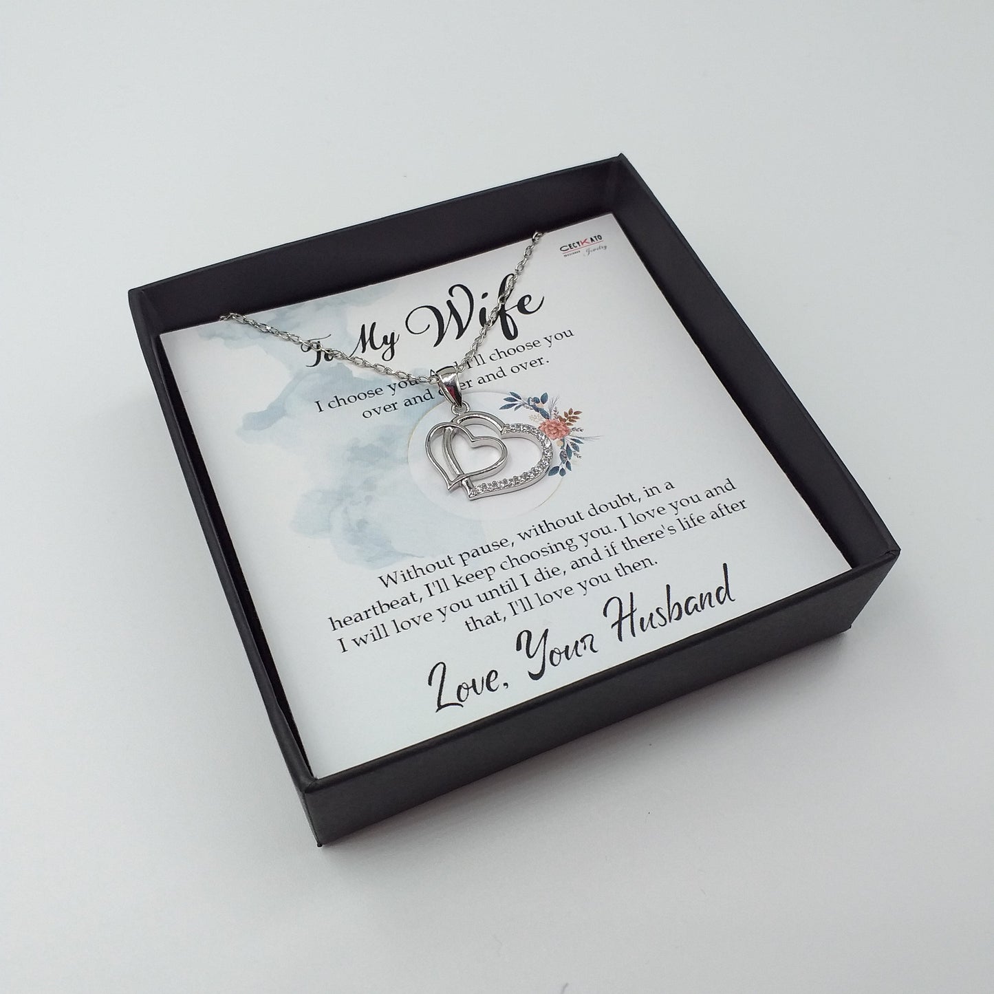Love / Wife Double Heart Pendant in Sterling Silver, - Set with Cubic Zirconia LL117W
