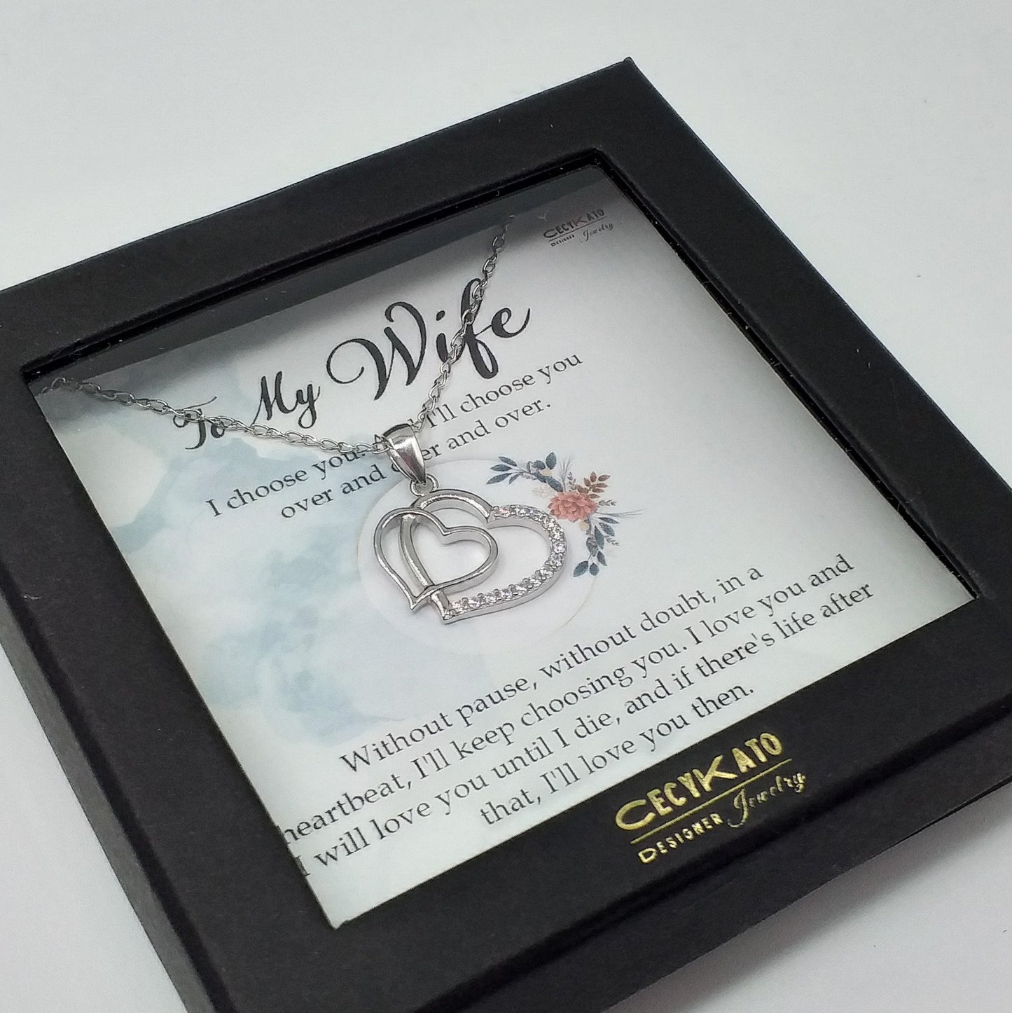 Love / Wife Double Heart Pendant in Sterling Silver, - Set with Cubic Zirconia LL117W