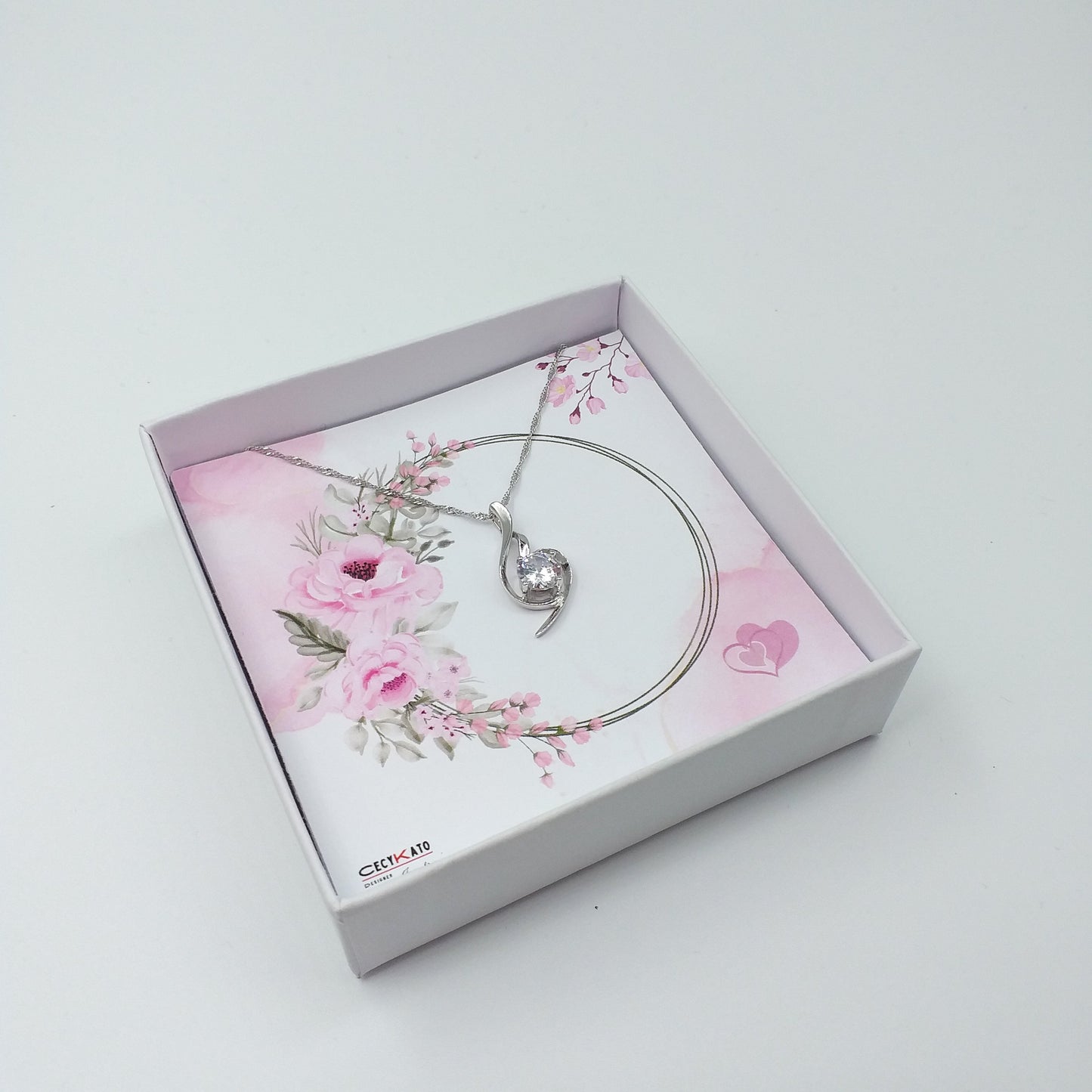 Pink Floral Ring - 925 Sterling Silver Cubic Zirconia Irregular Minimalist Necklace TE324