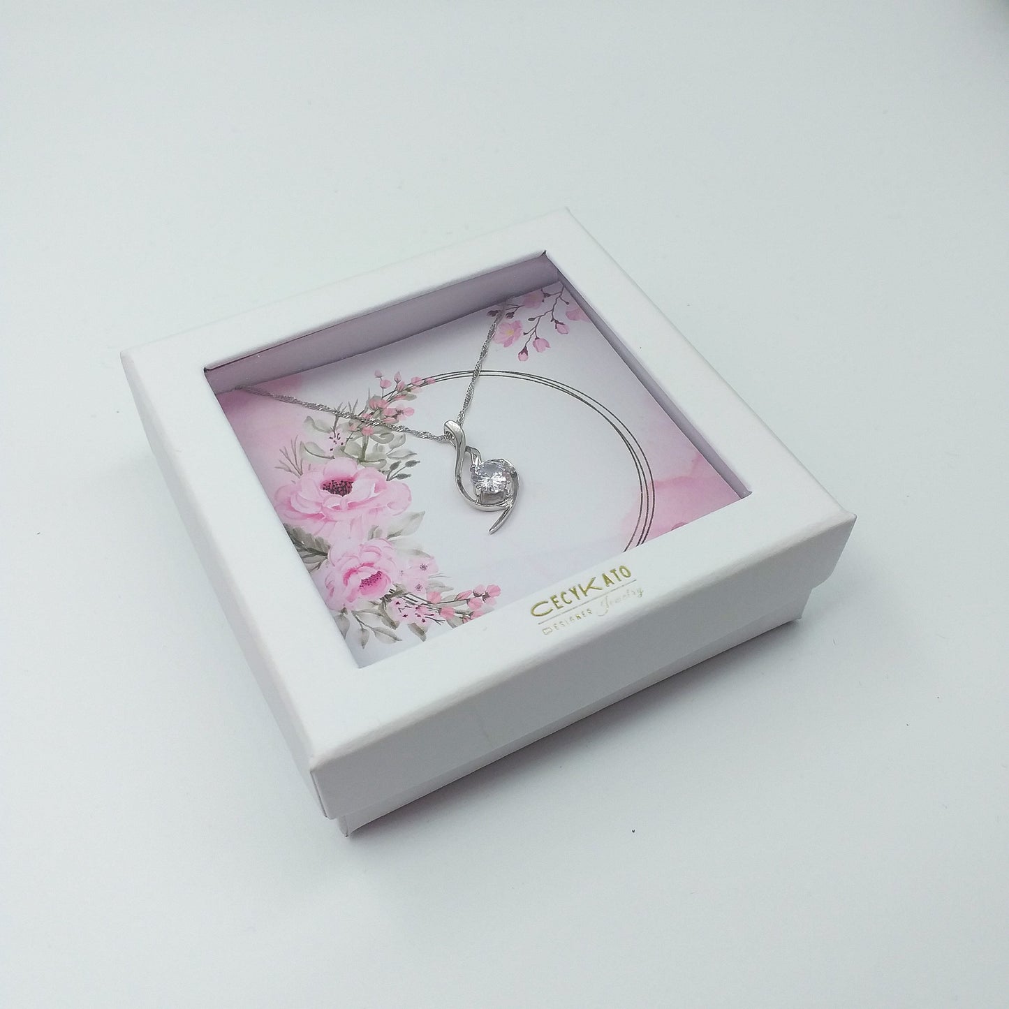Pink Floral Ring - 925 Sterling Silver Cubic Zirconia Irregular Minimalist Necklace TE324