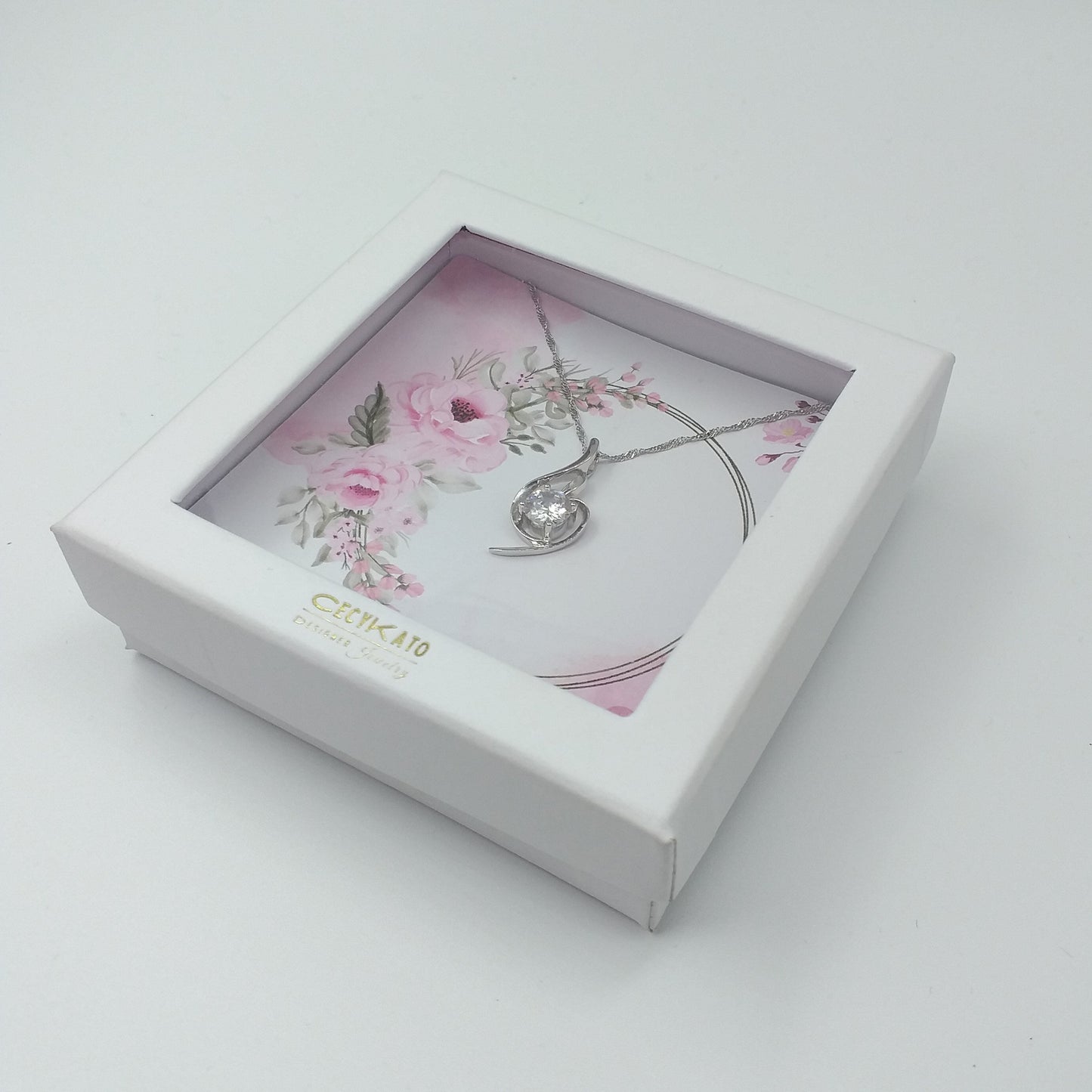 Pink Floral Ring - 925 Sterling Silver Cubic Zirconia Irregular Minimalist Necklace TE324