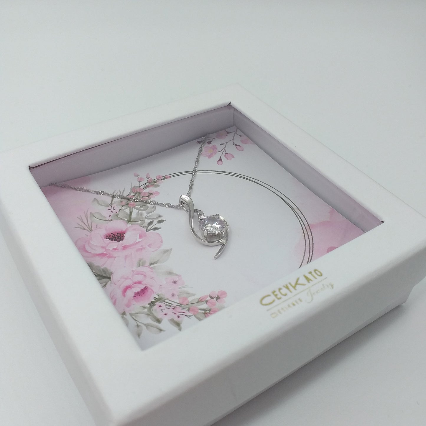 Pink Floral Ring - 925 Sterling Silver Cubic Zirconia Irregular Minimalist Necklace TE324