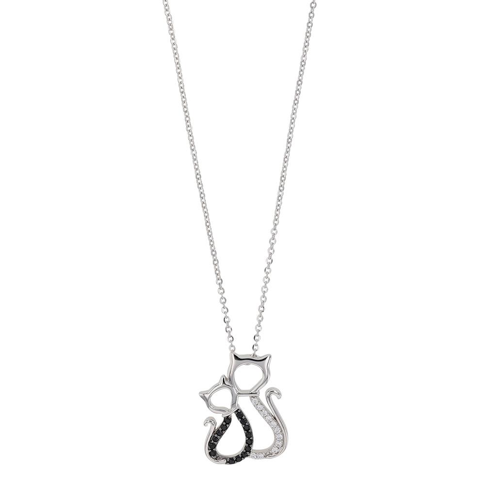 I Love You - Rhodium Plated Sterling Silver Pair of Cats Necklace with Black and White Cubic Zirconia LL444LY