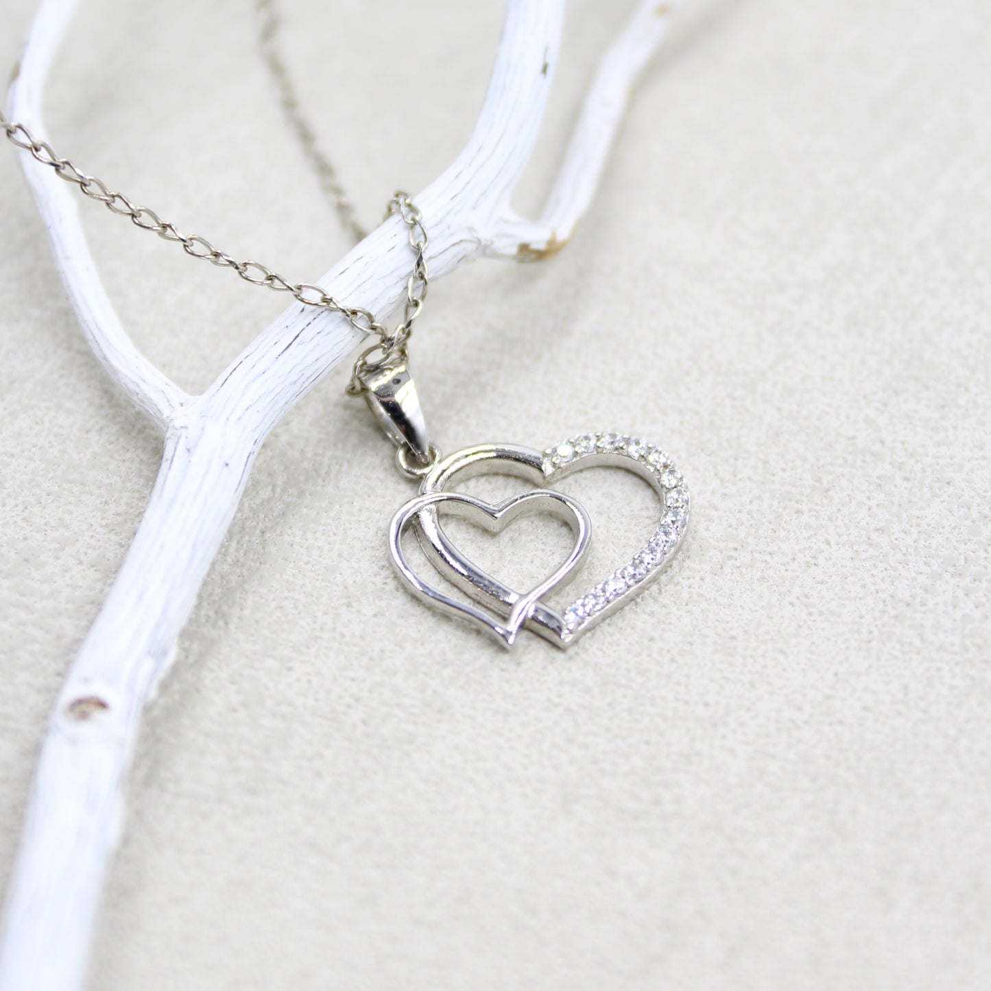 925 Sterling Silver- Cubic Zirconia - Double Heart Necklace LL1