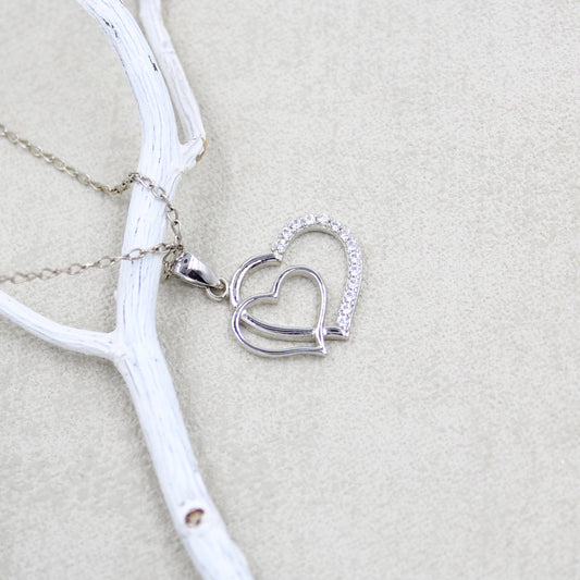 925 Sterling Silver- Cubic Zirconia - Double Heart Necklace LL1